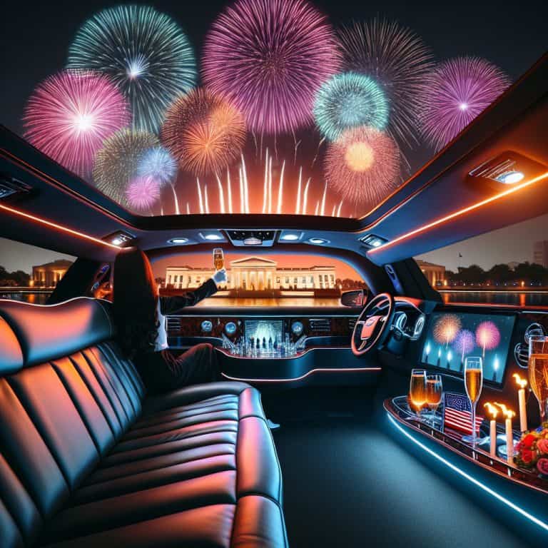 Fireworks over White House viewed from luxury limousine