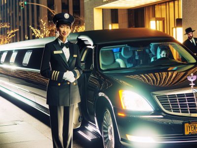 Chauffeur standing beside black limousine at night event