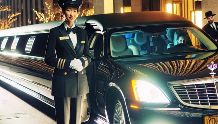 Chauffeur standing beside black limousine at night event