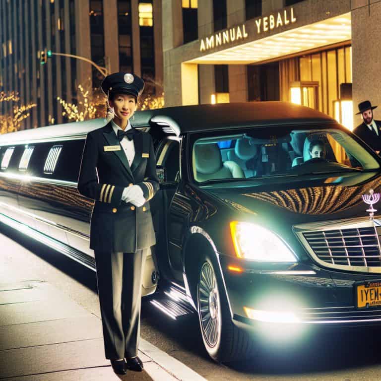 Chauffeur standing beside black limousine at night event
