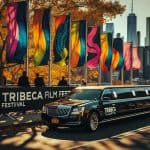 Tribeca Film Festival limousine with colorful flags, skyline
