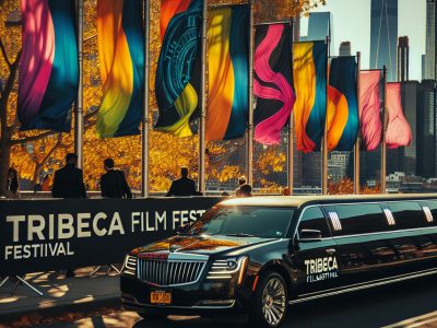 Tribeca Film Festival limousine with colorful flags, skyline