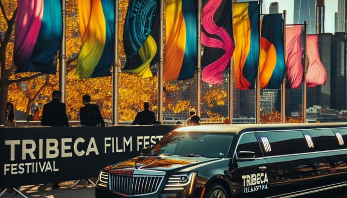 Tribeca Film Festival limousine with colorful flags, skyline