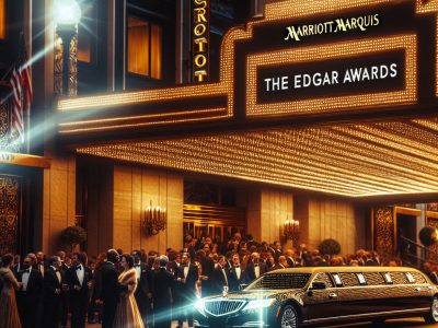 Limousine arriving at Edgar Awards hotel entrance