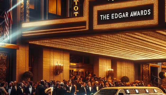 Limousine arriving at Edgar Awards hotel entrance