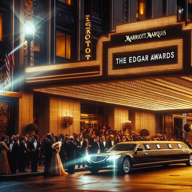 Limousine arriving at Edgar Awards hotel entrance