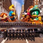 Giant cartoon balloons and limousine in city parade