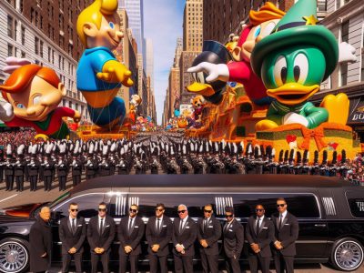 Giant cartoon balloons and limousine in city parade