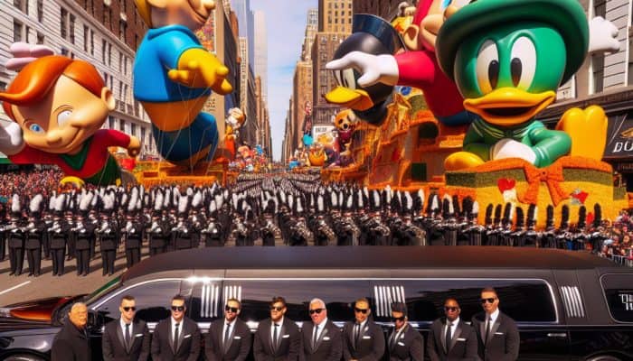 Giant cartoon balloons and limousine in city parade