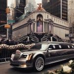 Black limousine outside grand building with American flag