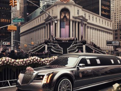 Black limousine outside grand building with American flag