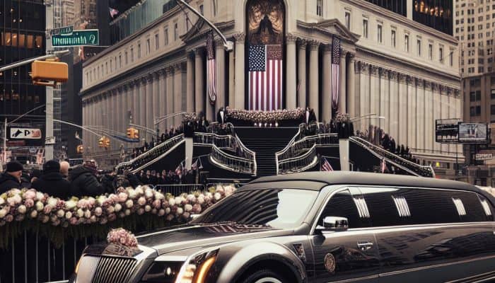 Black limousine outside grand building with American flag