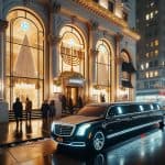 Luxury limousine outside illuminated Hanukkah-decorated building at night