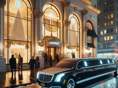 Luxury limousine outside illuminated Hanukkah-decorated building at night