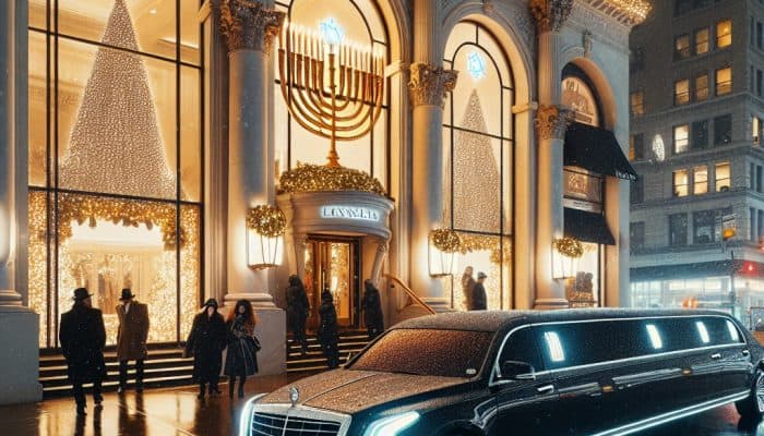 Luxury limousine outside illuminated Hanukkah-decorated building at night