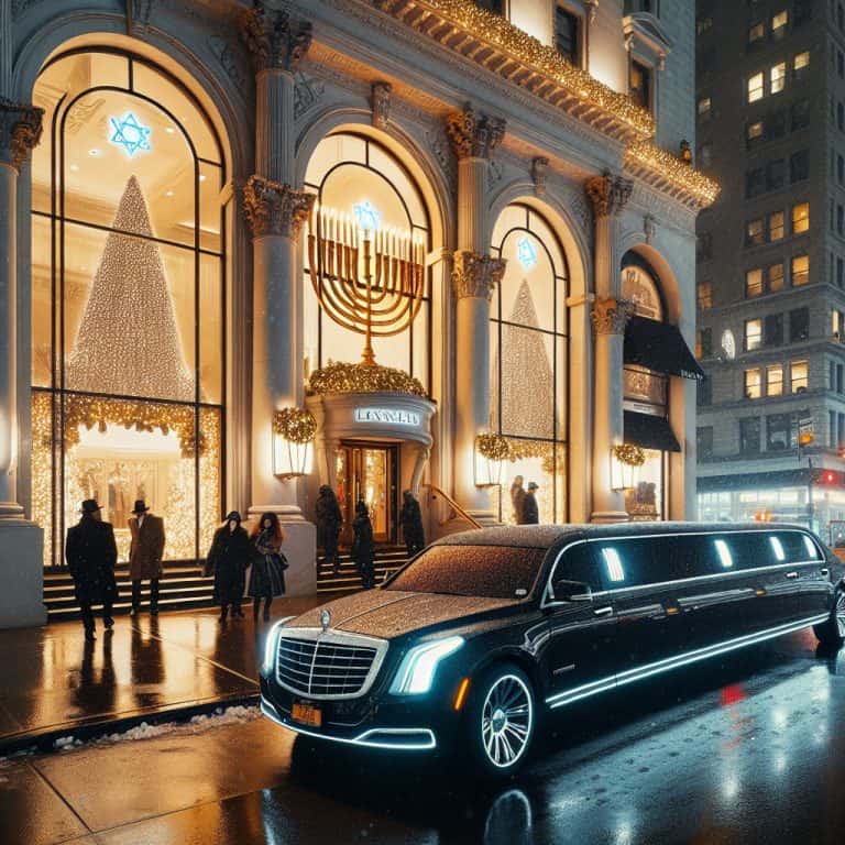 Luxury limousine outside illuminated Hanukkah-decorated building at night