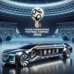 Futuristic limousine in stadium for 2025 football tournament