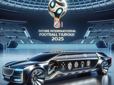 Futuristic limousine in stadium for 2025 football tournament