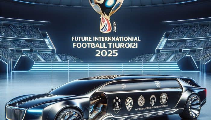 Futuristic limousine in stadium for 2025 football tournament
