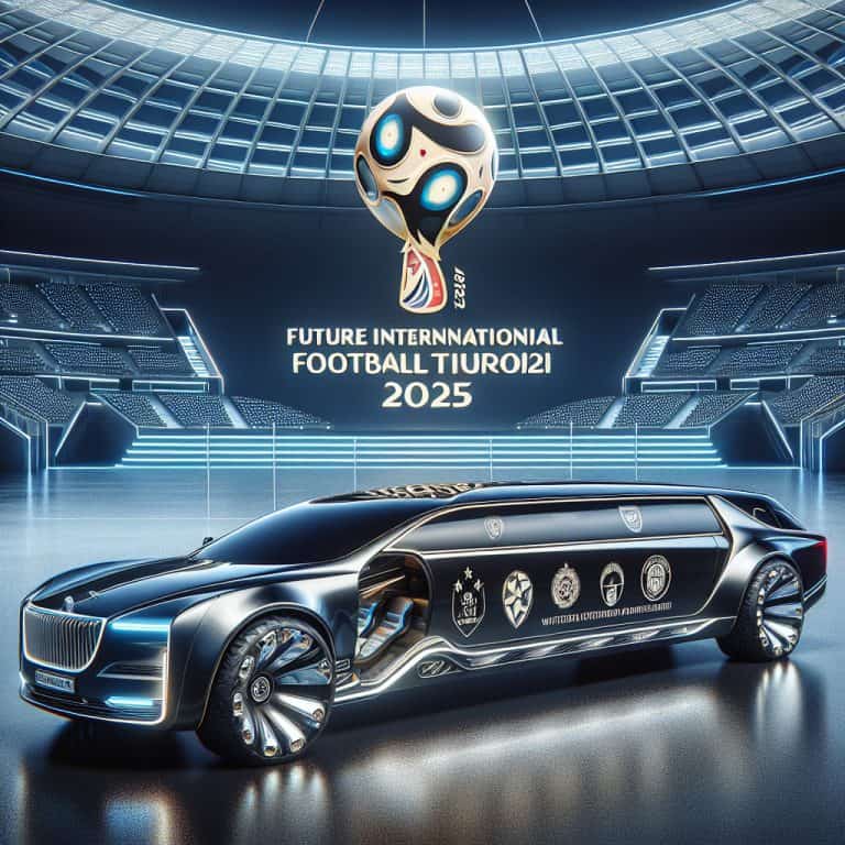 Futuristic limousine in stadium for 2025 football tournament