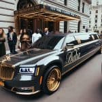 Luxury gold-accented stretch limousine outside fashion event