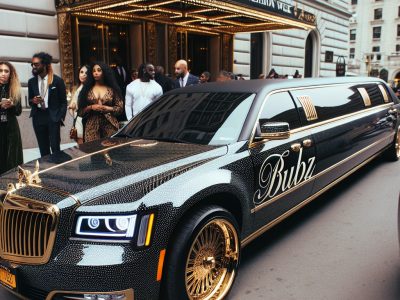 Luxury gold-accented stretch limousine outside fashion event