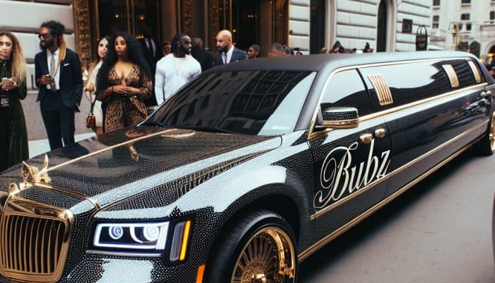 Luxury gold-accented stretch limousine outside fashion event