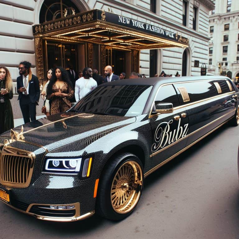 Luxury gold-accented stretch limousine outside fashion event