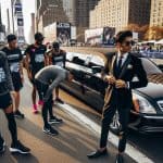 Marathon runners beside limousine in city street.