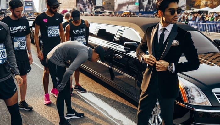 Marathon runners beside limousine in city street.