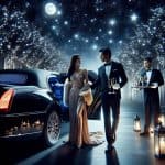 Glamorous couple exiting limousine under starry night sky
