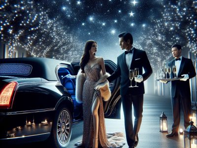 Glamorous couple exiting limousine under starry night sky