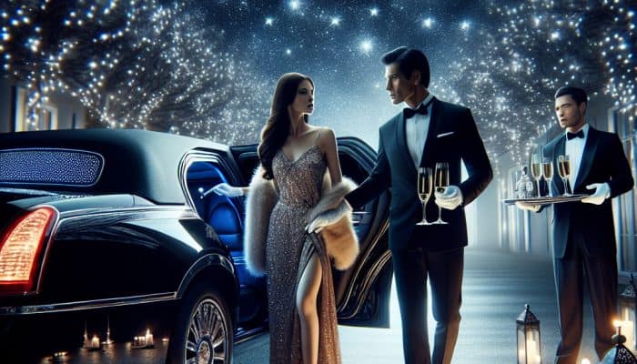 Glamorous couple exiting limousine under starry night sky