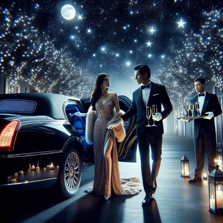 Glamorous couple exiting limousine under starry night sky