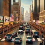 Presidential motorcade driving through city with cheering crowds
