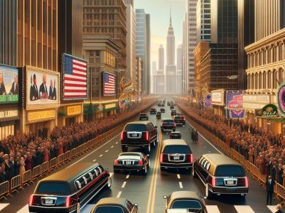 Presidential motorcade driving through city with cheering crowds