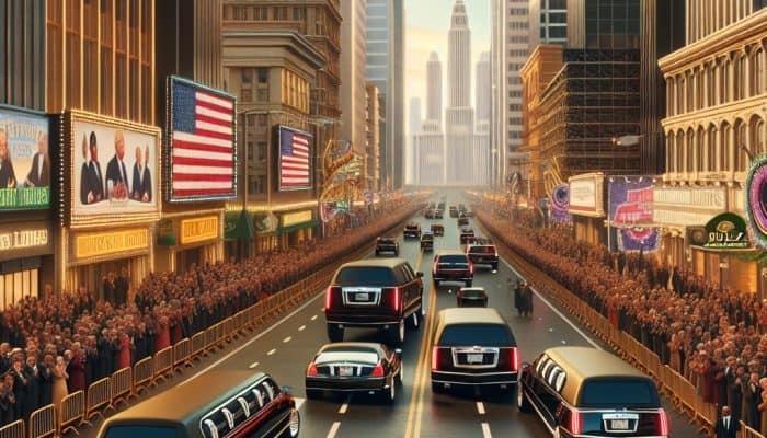 Presidential motorcade driving through city with cheering crowds