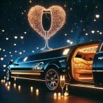 Romantic limousine with heart-shaped champagne fireworks and candles