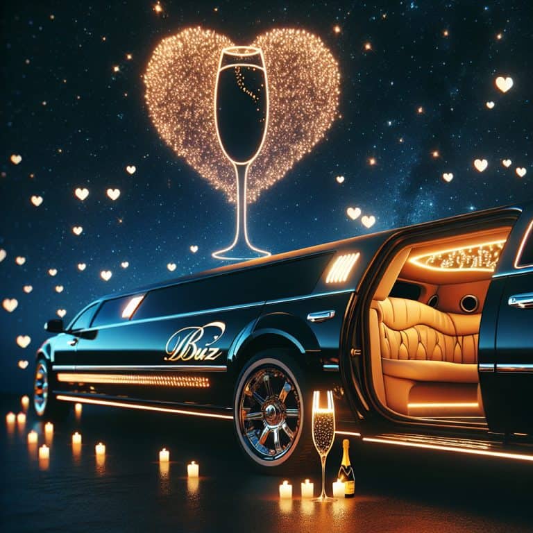 Romantic limousine with heart-shaped champagne fireworks and candles