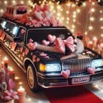 Black limousine decorated with pink hearts and bows