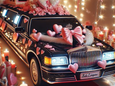 Black limousine decorated with pink hearts and bows