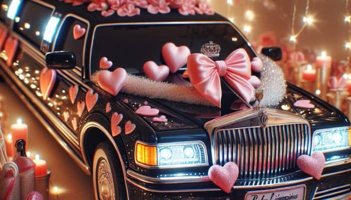 Black limousine decorated with pink hearts and bows