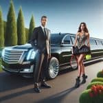 Elegant couple with tennis racket by luxury limousine