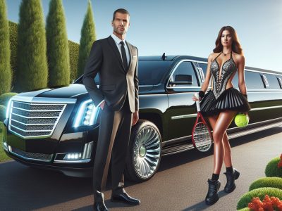 Elegant couple with tennis racket by luxury limousine