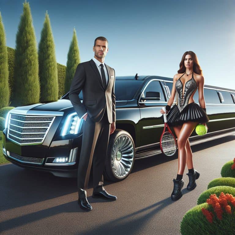 Elegant couple with tennis racket by luxury limousine