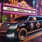 Luxury NBA limousine outside neon Broadway theater marquee