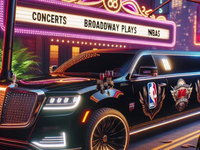 Luxury NBA limousine outside neon Broadway theater marquee
