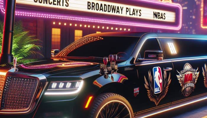 Luxury NBA limousine outside neon Broadway theater marquee