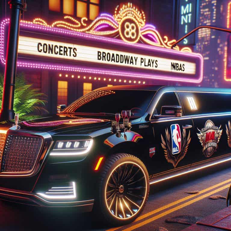 Luxury NBA limousine outside neon Broadway theater marquee