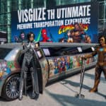 Comic-themed limousine with costumed characters and billboard